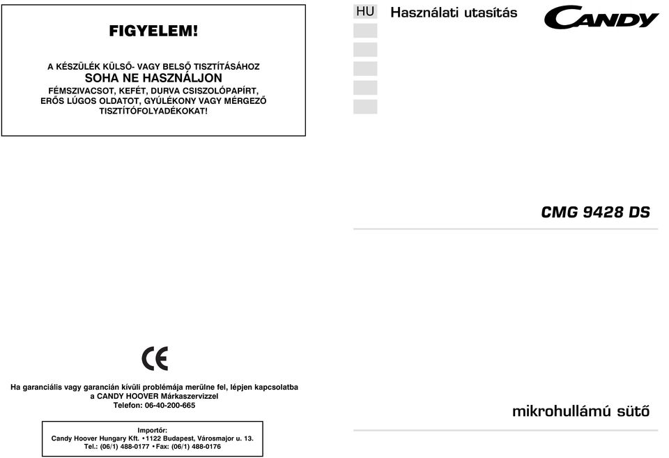 CSISZOLÓPAPÍRT, ERÕS LÚGOS OLDATOT, GYÚLÉKONY VAGY MÉRGEZÕ TISZTÍTÓFOLYADÉKOKAT!