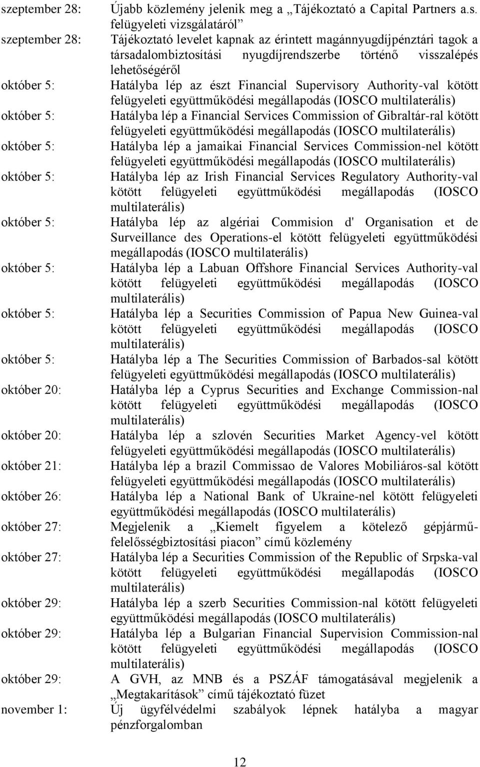 multilaterális) október 5: Hatályba lép a Financial Services Commission of Gibraltár-ral kötött felügyeleti együttműködési megállapodás (IOSCO multilaterális) október 5: Hatályba lép a jamaikai