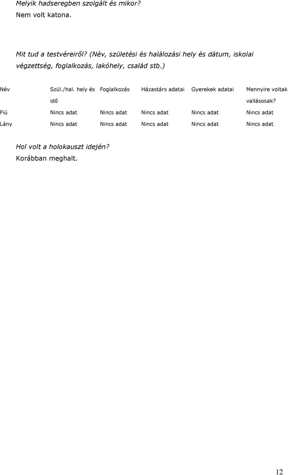 /hal. hely és idő Foglalkozás Házastárs adatai Gyerekek adatai Mennyire voltak vallásosak?