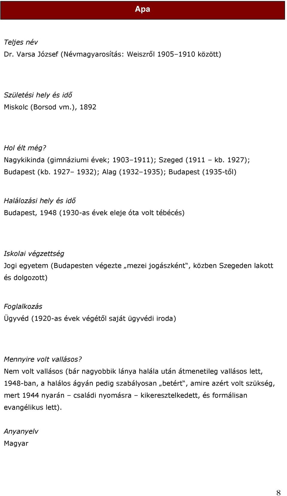 1927 1932); Alag (1932 1935); Budapest (1935-től) Halálozási hely és idő Budapest, 1948 (1930-as évek eleje óta volt tébécés) Iskolai végzettség Jogi egyetem (Budapesten végezte mezei jogászként,