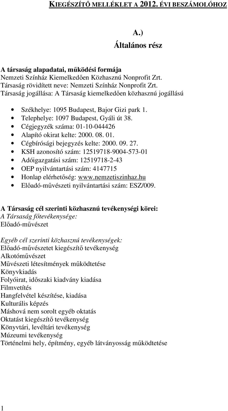 Telephelye: 1097 Budapest, Gyáli út 38. Cégjegyzék száma: 01-10-044426 Alapító okirat kelte: 2000. 08. 01. Cégbírósági bejegyzés kelte: 2000. 09. 27.