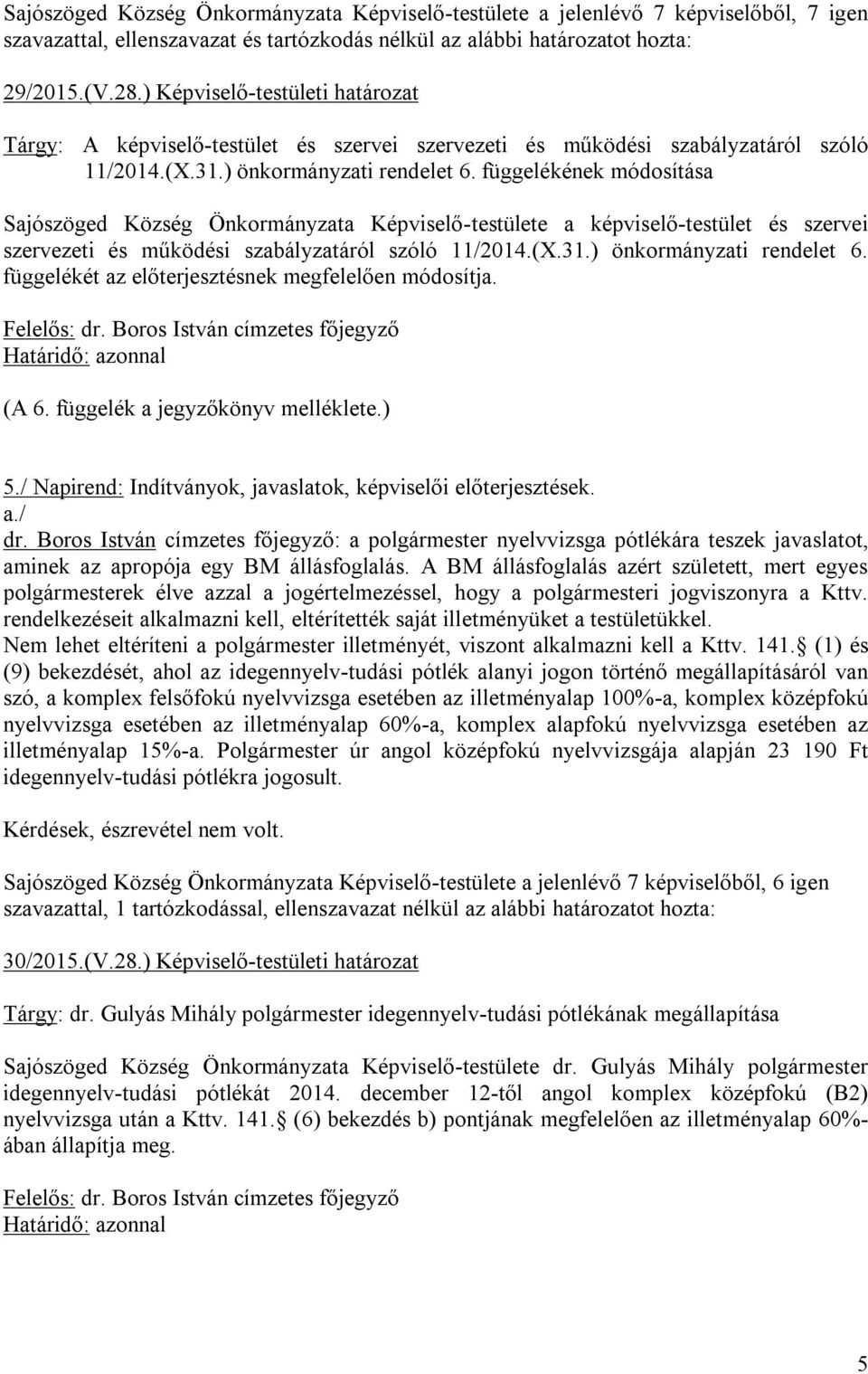 függelékét az előterjesztésnek megfelelően módosítja. (A 6. függelék a jegyzőkönyv melléklete.) 5./ Napirend: Indítványok, javaslatok, képviselői előterjesztések. a./ dr.