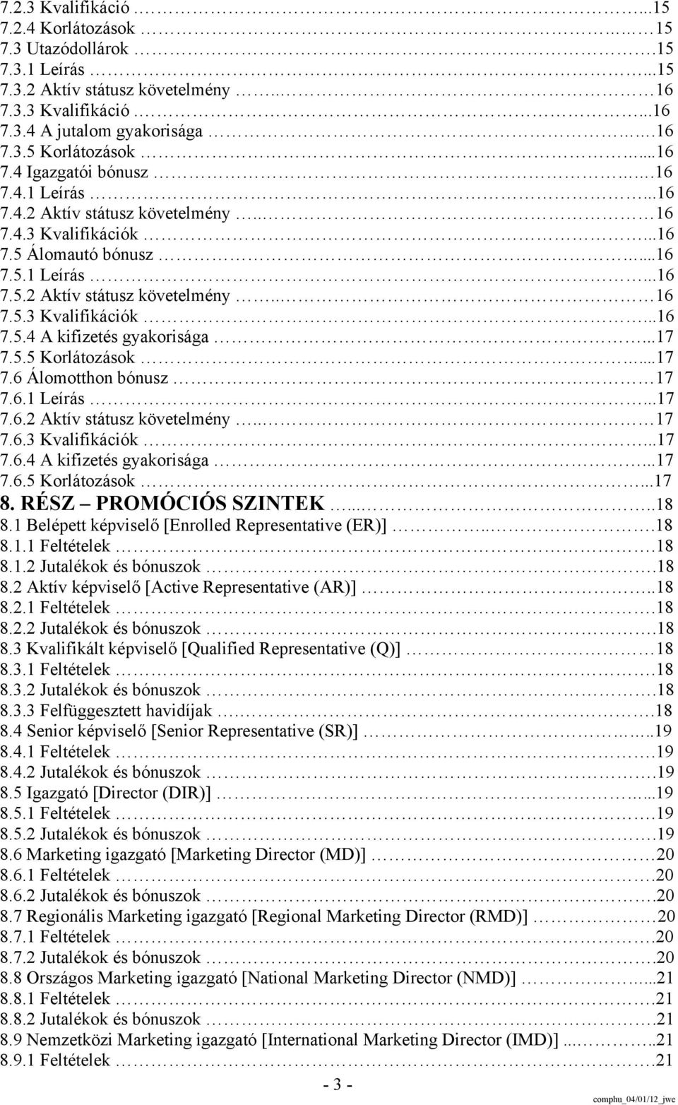 ..17 7.5.5 Korlátozások...17 7.6 Álomotthon bónusz 17 7.6.1 Leírás...17 7.6.2 Aktív státusz követelmény.. 17 7.6.3 Kvalifikációk...17 7.6.4 A kifizetés gyakorisága...17 7.6.5 Korlátozások...17 8.