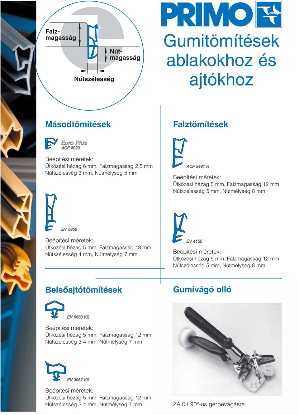 4 mm, Nútmélység 7 mm Beépítési méretek: Ütközési hézag 5 mm, Falzmagasság 12 mm Nútszélesség 5 mm, Nútmélység 8 mm Belsôajtótömítések Gumivágó olló Beépítési méretek: Ütközési hézag