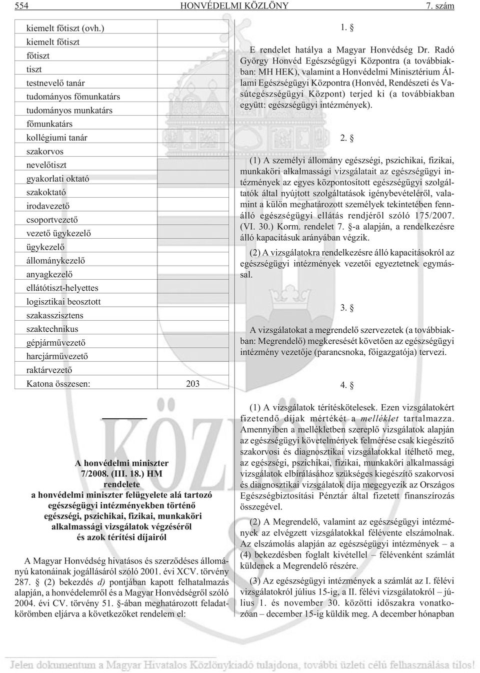 vezetõ ügykezelõ ügykezelõ állománykezelõ anyagkezelõ ellátótiszt-helyettes logisztikai beosztott szakasszisztens szaktechnikus gépjármûvezetõ harcjármûvezetõ raktárvezetõ Katona összesen: 203 A