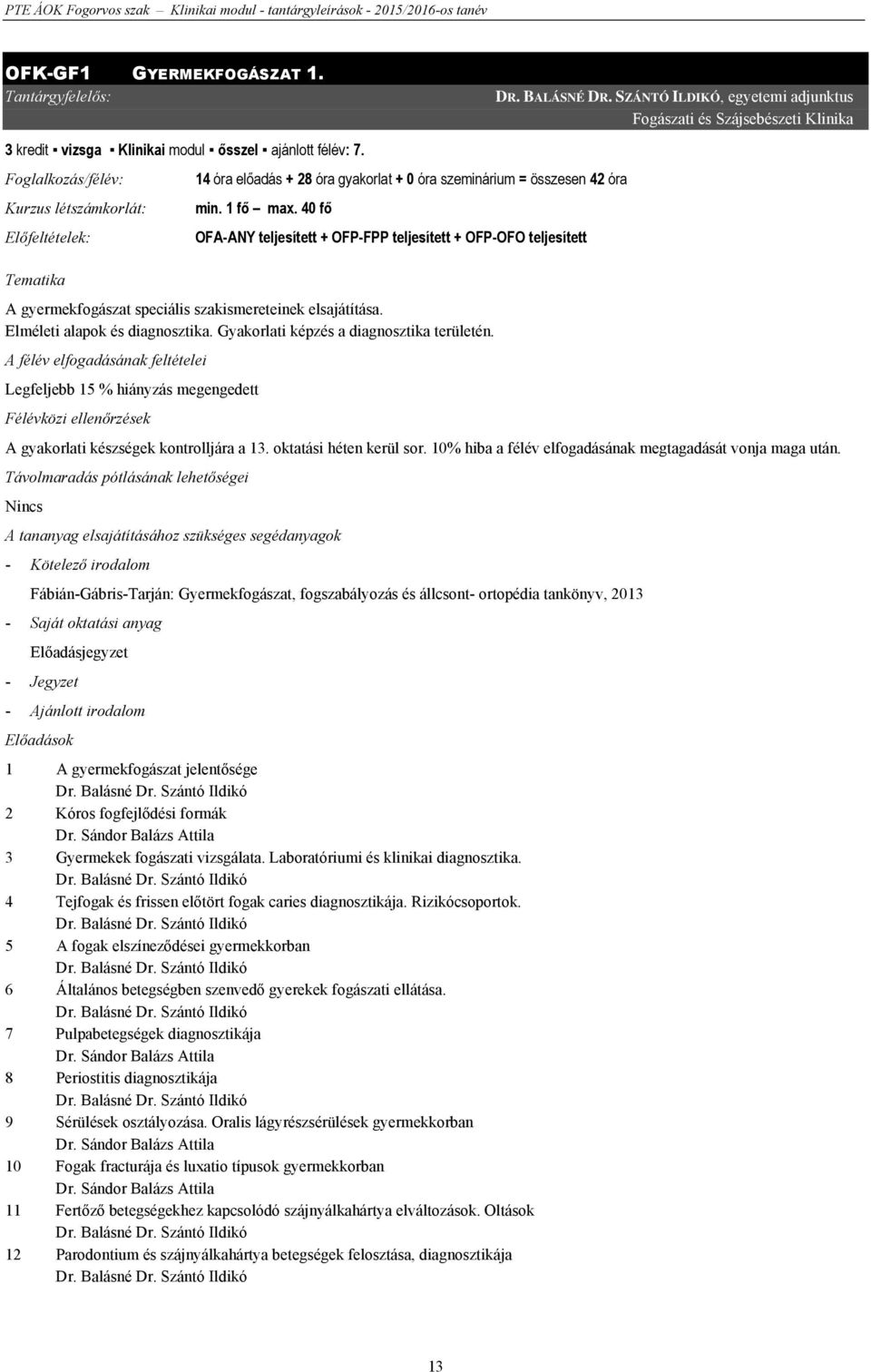 40 fő Előfeltételek: OFA-ANY teljesített + OFP-FPP teljesített + OFP-OFO teljesített DR. BALÁSNÉ DR.