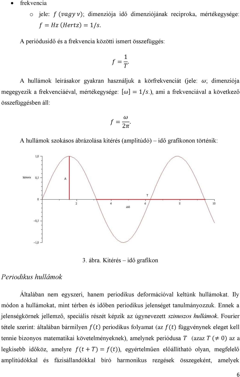 A hullámok szokásos ábrázolása kitérés (amplitúdó) idő grafikonon történik: 3. ábra. Kitérés idő grafikon Periodikus hullámok Általában nem egyszeri, hanem periodikus deformációval keltünk hullámokat.