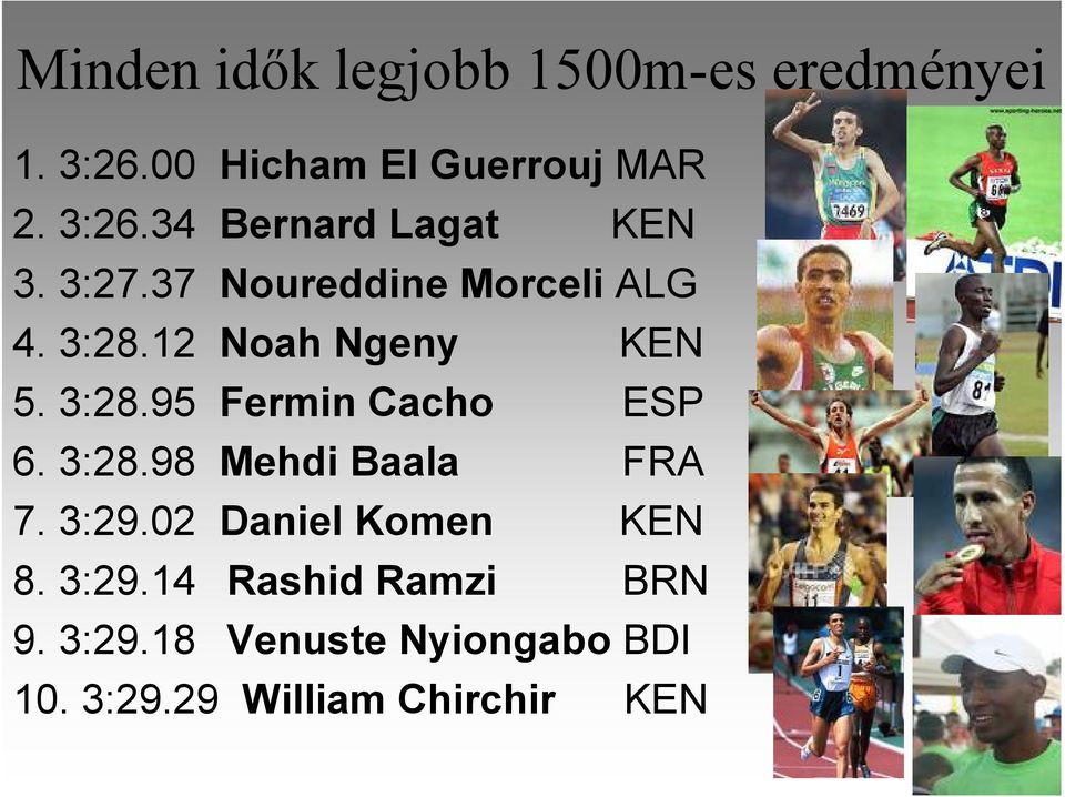 3:28.98 Mehdi Baala FRA 7. 3:29.02 Daniel Komen KEN 8. 3:29.14 Rashid Ramzi BRN 9.