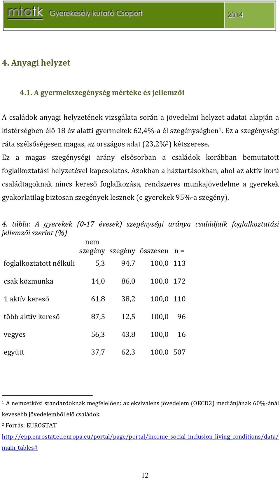 azokbanaháztartásokban,aholazaktívkorú családtagoknak nincs kereső foglalkozása, rendszeres munkajövedelme a gyerekek gyakorlatilagbiztosanszegényeklesznek(egyerekek95%`aszegény). 4.