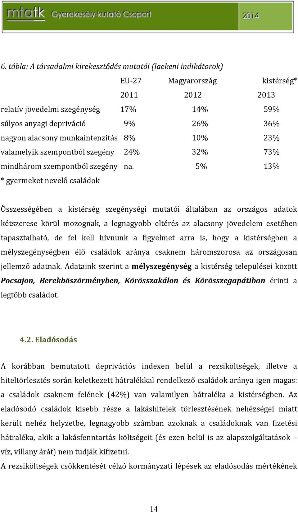 5% 13% *gyermeketnevelőcsaládok Összességében a kistérség szegénységi mutatói általában az országos adatok kétszerese körül mozognak, a legnagyobb eltérés az alacsony jövedelem esetében