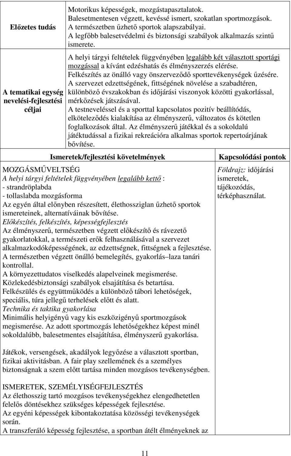 A helyi tárgyi feltételek függvényében legalább két választott sportági mozgással a kívánt edzéshatás és élményszerzés elérése. Felkészítés az önálló vagy önszerveződő sporttevékenységek űzésére.