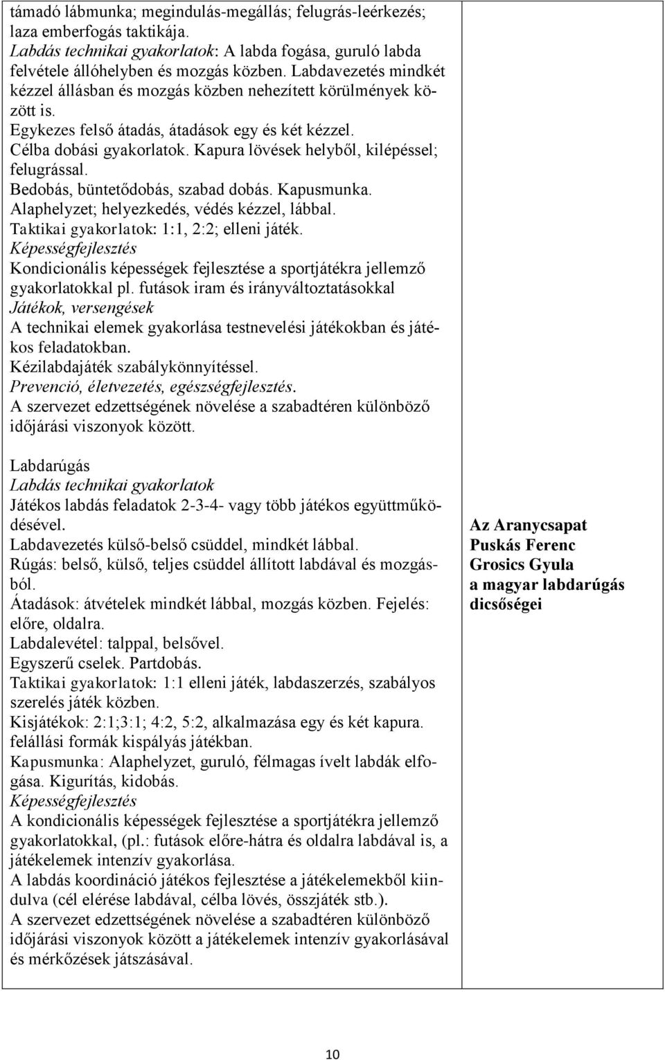 Kapura lövések helyből, kilépéssel; felugrással. Bedobás, büntetődobás, szabad dobás. Kapusmunka. Alaphelyzet; helyezkedés, védés kézzel, lábbal. Taktikai gyakorlatok: 1:1, 2:2; elleni játék.