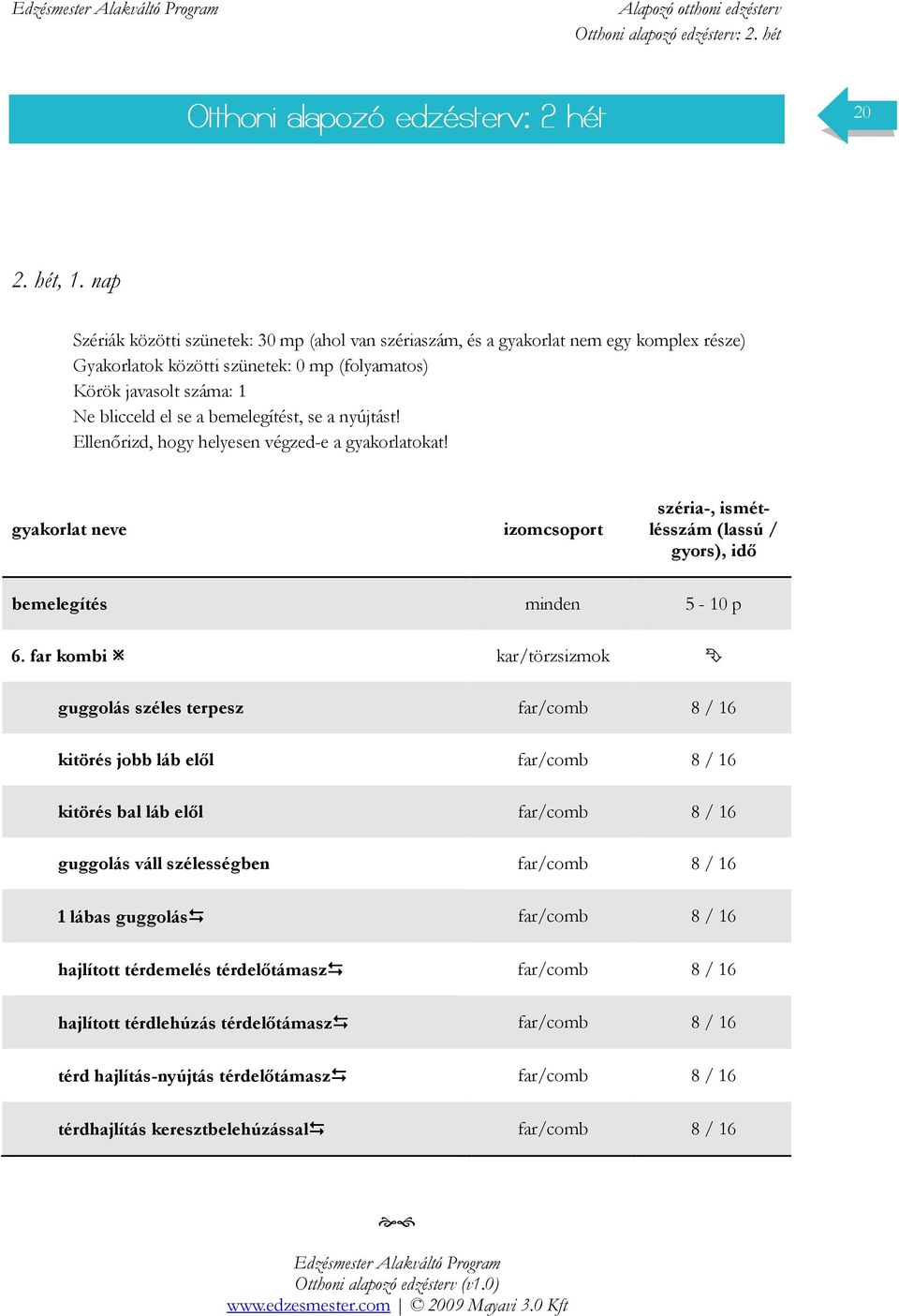 bemelegítést, se a nyújtást! Ellenırizd, hogy helyesen végzed-e a gyakorlatokat! bemelegítés minden 5-10 p 6.