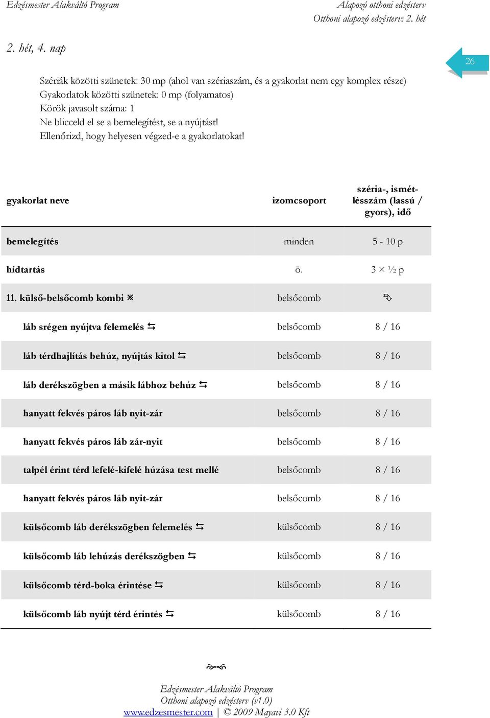 bemelegítést, se a nyújtást! Ellenırizd, hogy helyesen végzed-e a gyakorlatokat! 26 bemelegítés minden 5-10 p hídtartás ö. 3 ½ p 11.