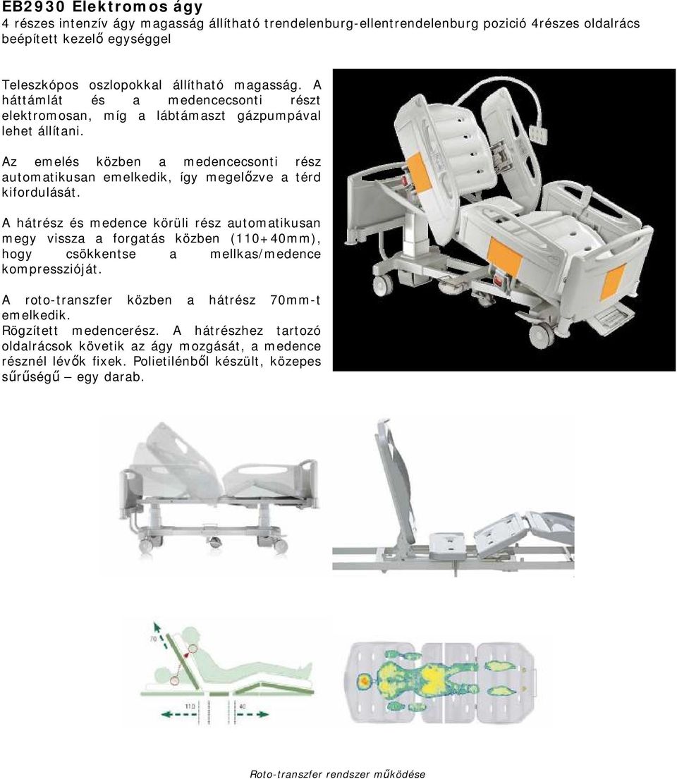 A hátrész és medence körüli rész automatikusan megy vissza a forgatás közben (110+40mm), hogy csökkentse a mellkas/medence kompresszióját. A roto-transzfer közben a hátrész 70mm-t emelkedik.