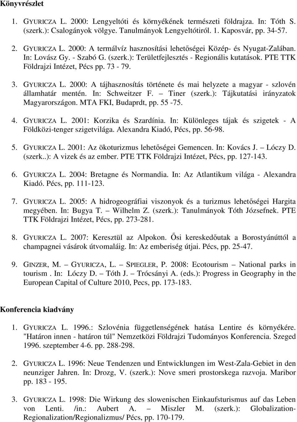 2000: A tájhasznosítás története és mai helyzete a magyar - szlovén államhatár mentén. In: Schweitzer F. Tiner (szerk.): Tájkutatási irányzatok Magyarországon. MTA FKI, Budaprdt, pp. 55-75. 4.