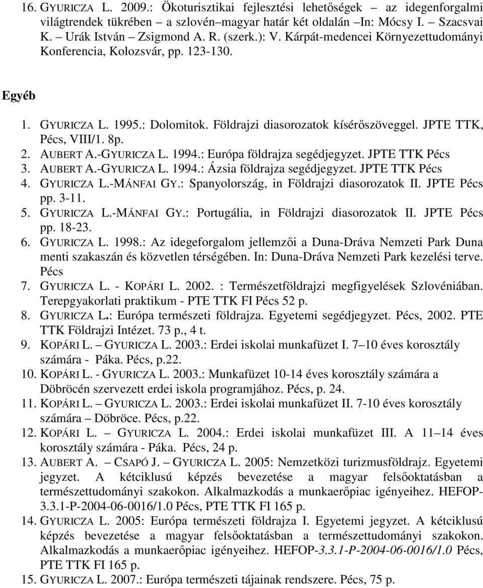 -GYURICZA L. 1994.: Európa földrajza segédjegyzet. JPTE TTK Pécs 3. AUBERT A.-GYURICZA L. 1994.: Ázsia földrajza segédjegyzet. JPTE TTK Pécs 4. GYURICZA L.-MÁNFAI GY.