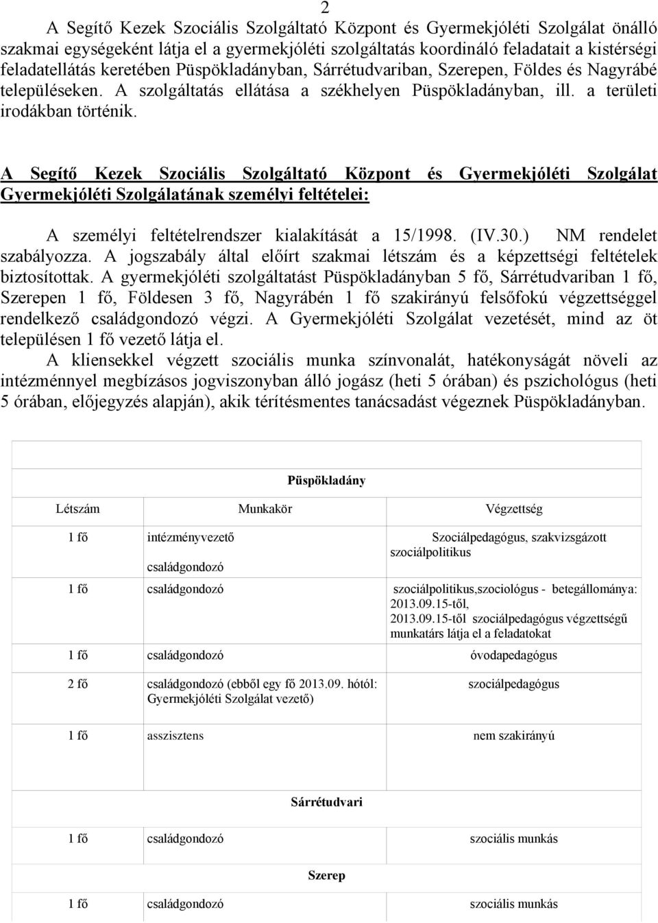 A Segítő Kezek Szociális Szolgáltató Központ és Gyermekjóléti Szolgálat Gyermekjóléti Szolgálatának személyi feltételei: A személyi feltételrendszer kialakítását a 15/1998. (IV.30.