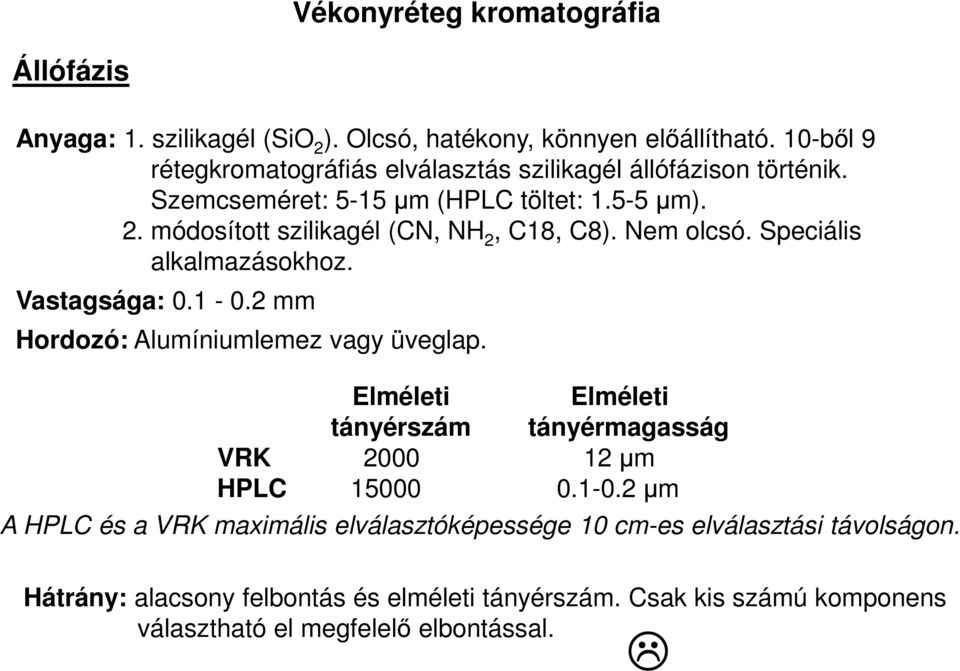 módosított szilikagél (CN, NH 2, C18, C8). Nem olcsó. Speciális alkalmazásokhoz. Vastagsága: 0.1-0.2 mm Hordozó: Alumíniumlemez vagy üveglap.