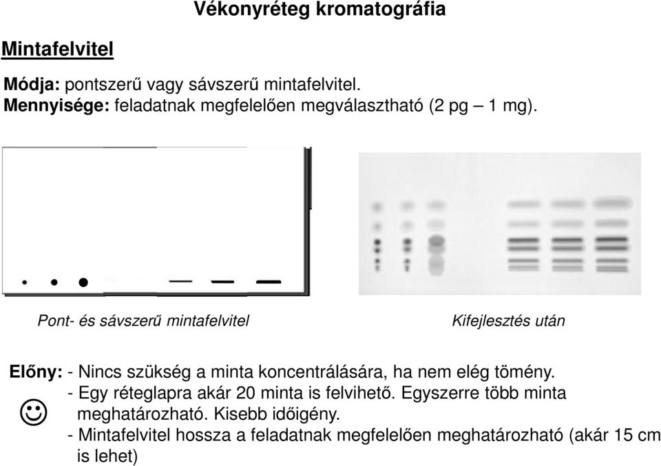 Pont- és sávszerű mintafelvitel Kifejlesztés után Előny: - Nincs szükség a minta koncentrálására, ha nem elég