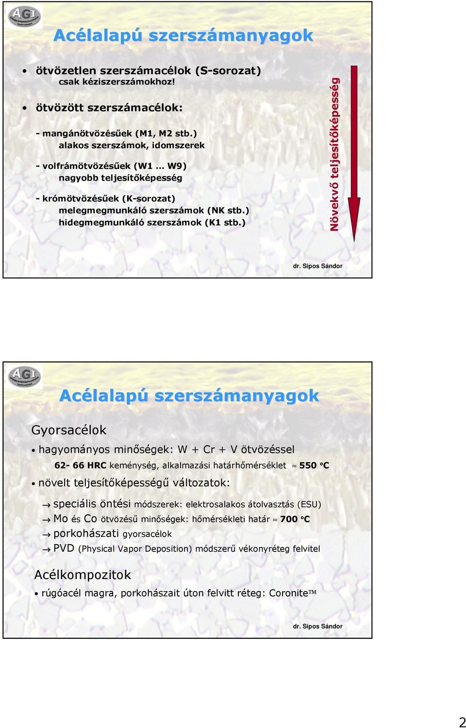 ) Növekvő teljesítőképesség Acélalapú szerszámanyagok Gyorsacélok hagyományos minőségek: W + Cr + V ötvözéssel 62-66 HRC keménység, alkalmazási határhőmérséklet 550 C növelt teljesítőképességű