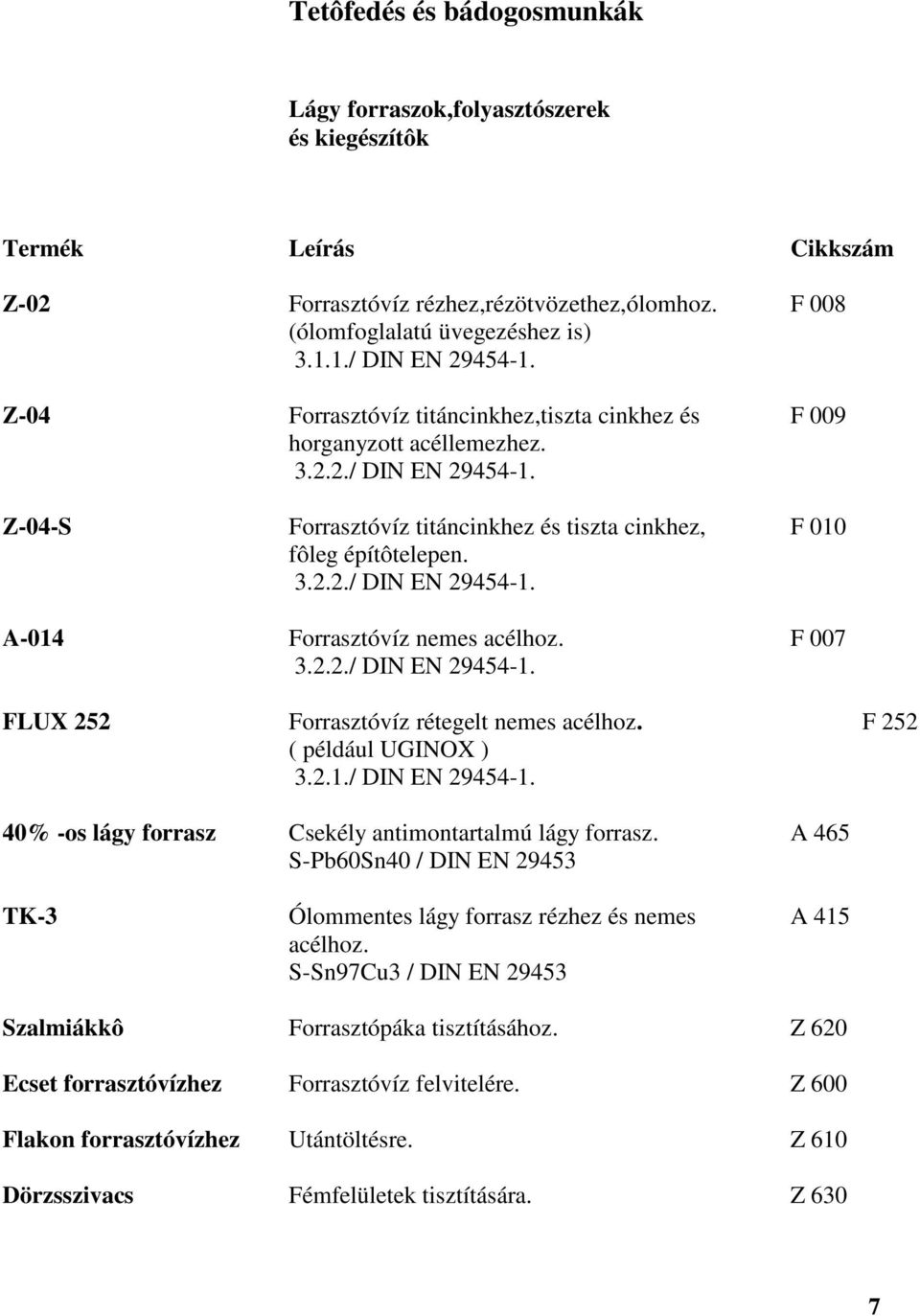 3.2.2./ DIN EN 29454-1. A-014 Forrasztóvíz nemes acélhoz. F 007 3.2.2./ DIN EN 29454-1. FLUX 252 Forrasztóvíz rétegelt nemes acélhoz. F 252 ( például UGINOX ) 3.2.1./ DIN EN 29454-1. 40% -os lágy forrasz Csekély antimontartalmú lágy forrasz.