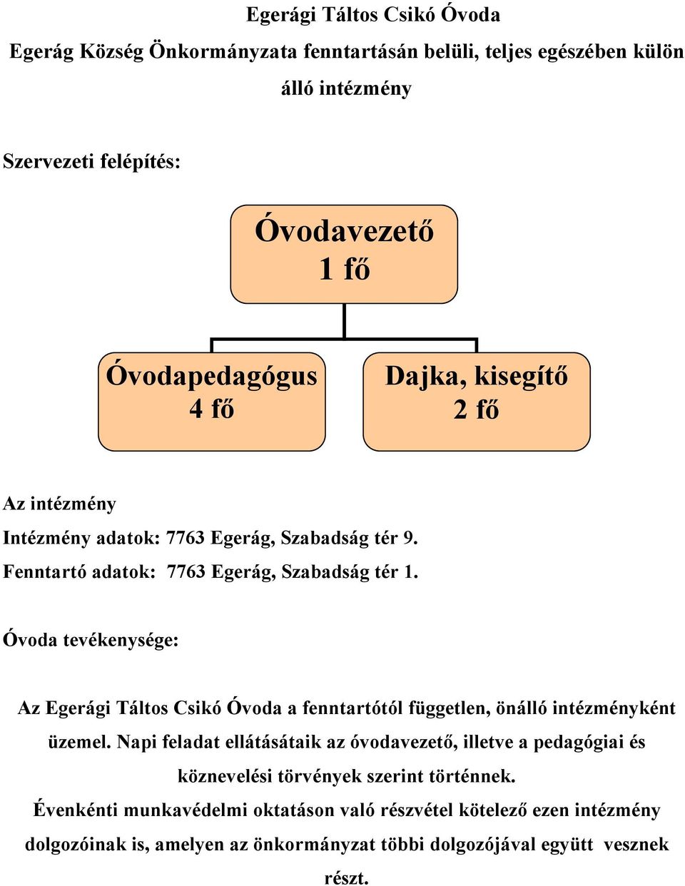 Fenntartó adatok: Óvoda tevékenysége: Az Egerági Táltos Csikó Óvoda a fenntartótól független, önálló intézményként üzemel.