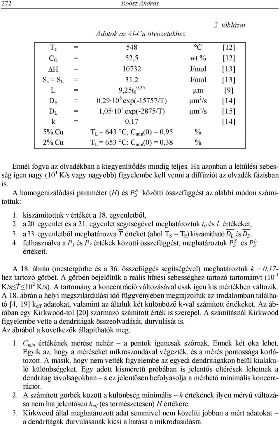 exp(-2875/t) µm 2 /s [15] k = 0,17 [14] 5% Cu T = 643 C; C min (0) = 0,95 % 2% Cu T = 653 C; C min (0) = 0,38 % Ennél fogva az olvadékban a kiegyenlítődés mindig teljes.