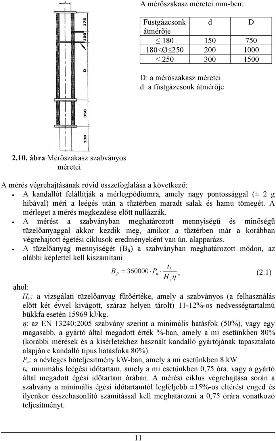 ábra Mérőszakasz szabványos méretei A mérés végrehajtásának rövid összefoglalása a következő: A kandallót felállítják a mérlegpódiumra, amely nagy pontossággal (± 2 g hibával) méri a leégés után a