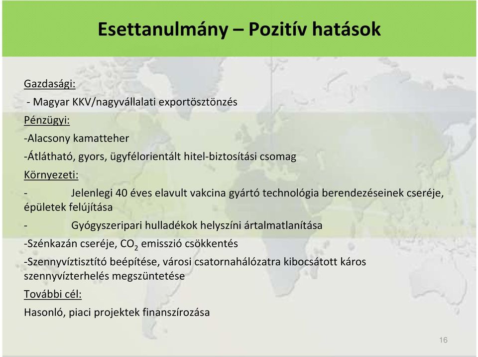 épületek felújítása - Gyógyszeripari hulladékok helyszíni ártalmatlanítása -Szénkazán cseréje, CO 2 emissziócsökkentés