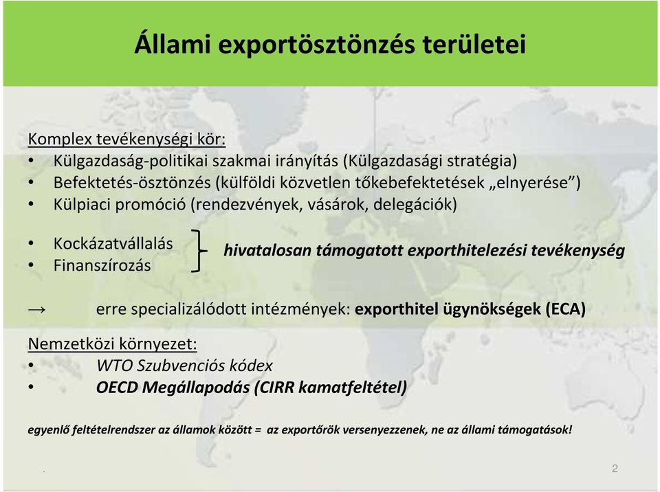 támogatott exporthitelezési tevékenység erre specializálódott intézmények: exporthitel ügynökségek (ECA) Nemzetközi környezet: WTO Szubvenciós