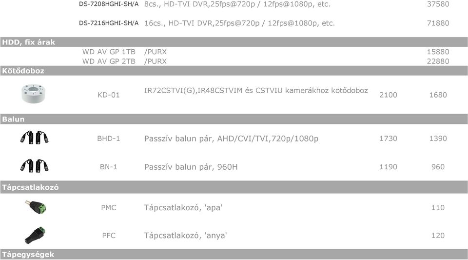 71880 HDD, fix árak Kötődoboz WD AV GP 1TB /PURX 15880 WD AV GP 2TB /PURX 22880 KD-01 IR72CSTVI(G),IR48CSTVIM és