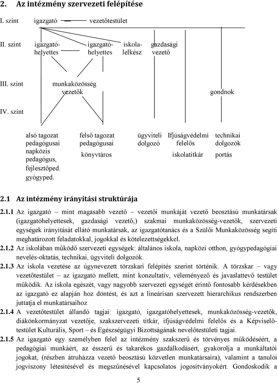 1 Az intézmény irányítási struktúrája 2.1.1 Az igazgató mint magasabb ve vei munkáját ve beosztású munkatársak (igazgatóhelyettesek, gazdasági ve,) szakmai munkaközösség-vek, szervezeti egységek