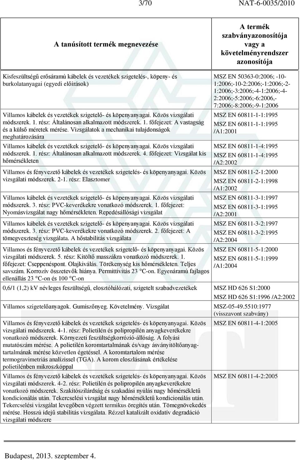 Vizsgálatok a mechanikai tulajdonságok meghatározására Villamos kábelek és vezetékek szigetelõ- és köpenyanyagai. Közös vizsgálati módszerek. 1. rész: Általánosan alkalmazott módszerek. 4.