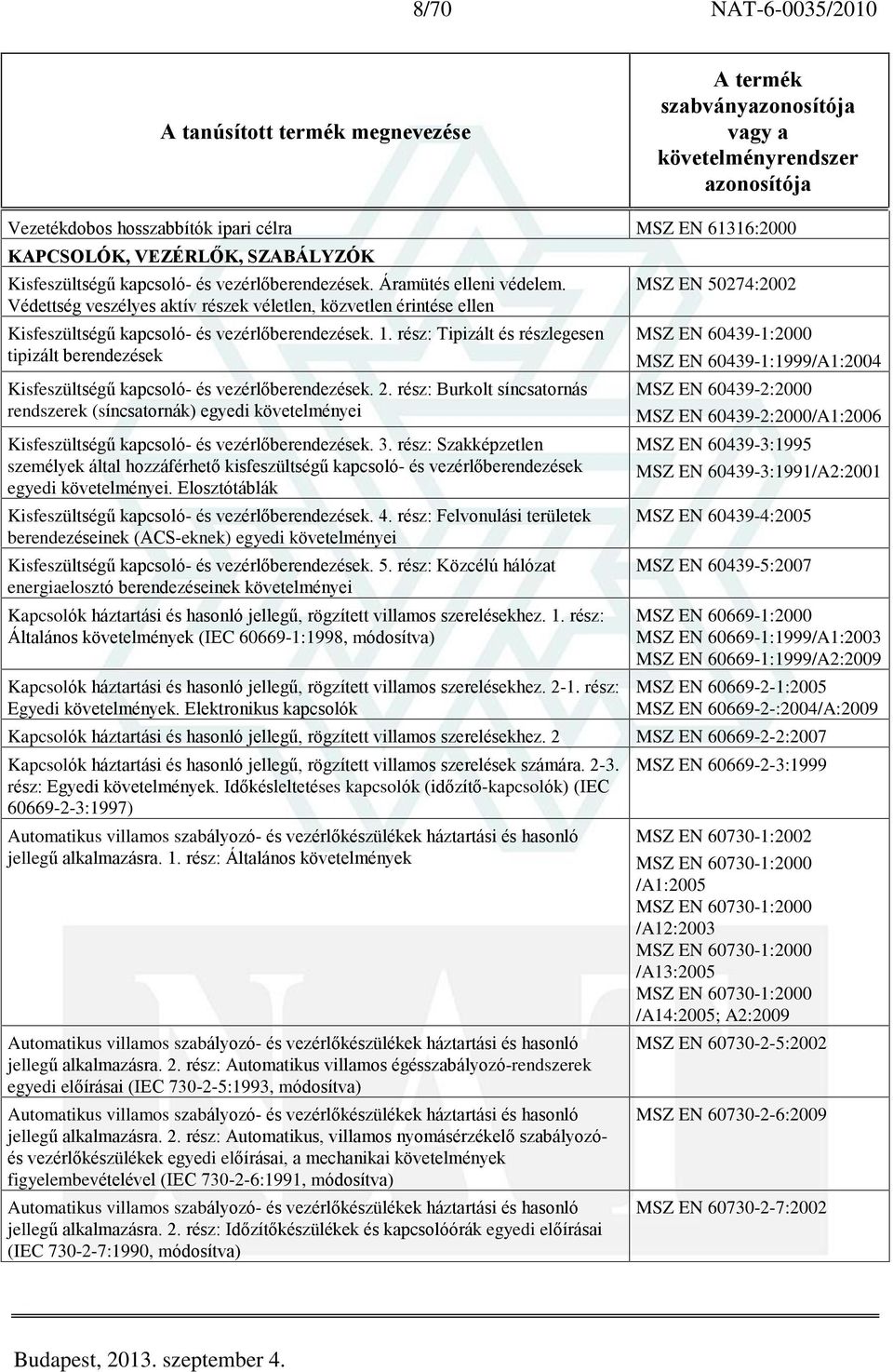 rész: Tipizált és részlegesen tipizált berendezések Kisfeszültségû kapcsoló- és vezérlõberendezések. 2.