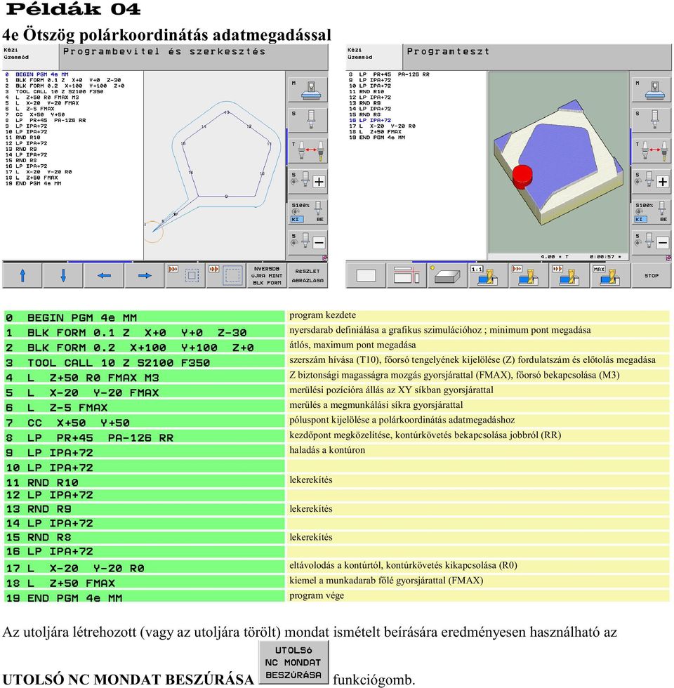 PR+45 PA-126 RR kezdõpont megközelítése, kontúrkövetés bekapcsolása jobbról (RR) 9 LP IPA+72 haladás a kontúron 10 LP IPA+72 11 RND R10 lekerekítés 12 LP IPA+72 13 RND R9 lekerekítés 14 LP IPA+72 15