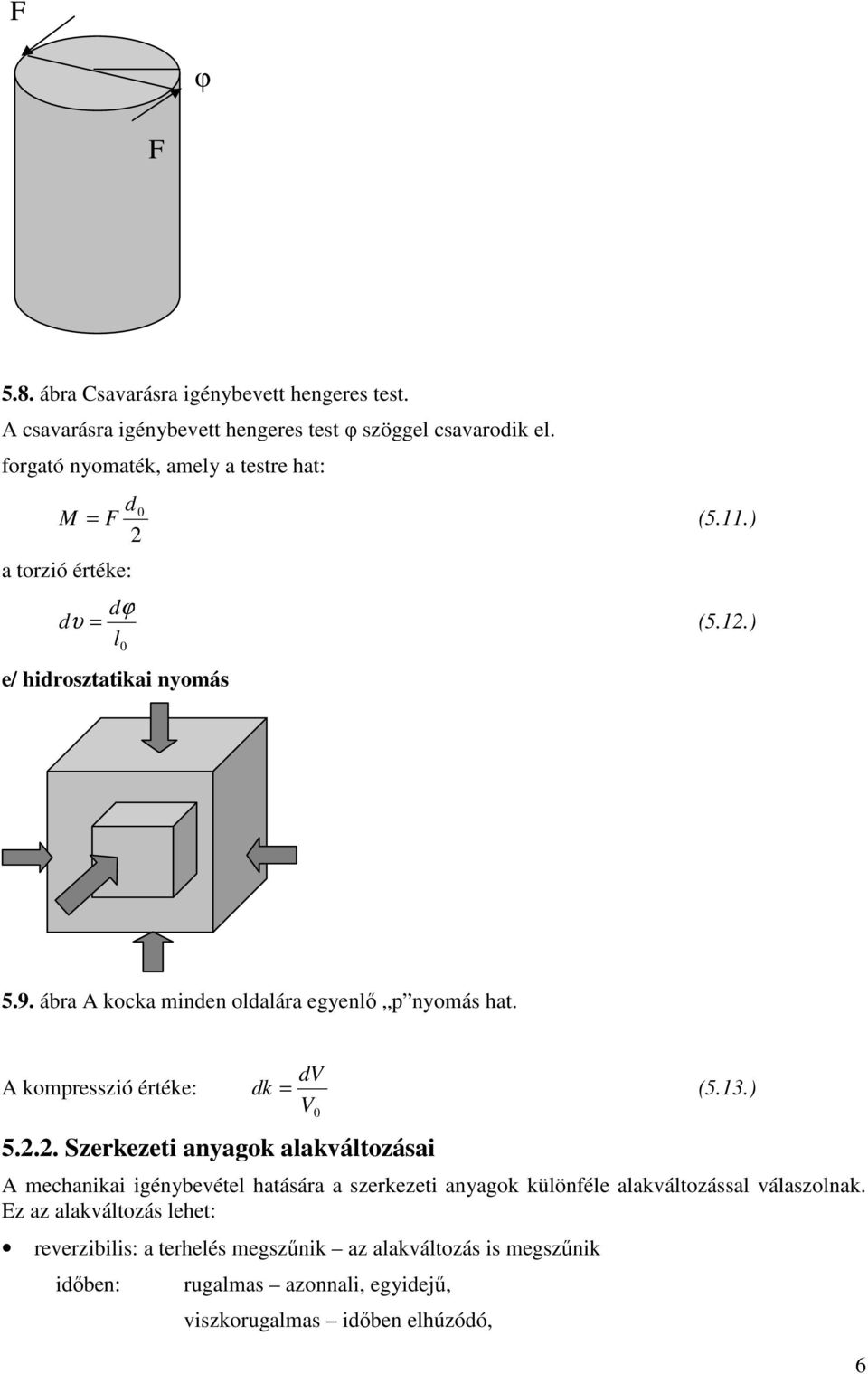 ábra A kocka minden oldalára egyenlı p nyomás hat. A kompresszió értéke: dv dk = (5.13.) V 0 5.2.