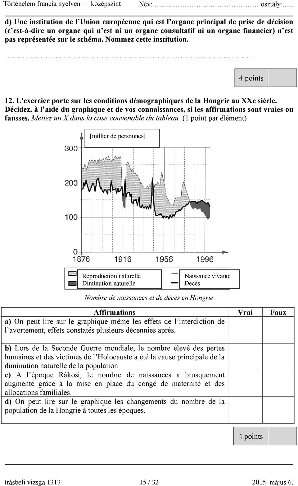 Décidez, à l aide du graphique et de vos connaissances, si les affirmations sont vraies ou fausses. Mettez un X dans la case convenable du tableau.