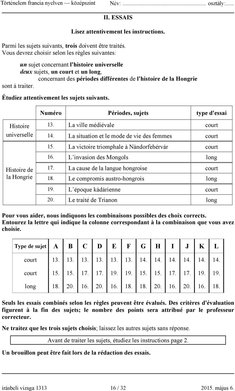 traiter. Étudiez attentivement les sujets suivants. Numéro Périodes, sujets type d'essai Histoire universelle Histoire de la Hongrie 13. La ville médiévale court 14.