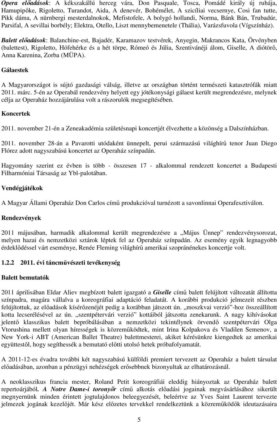 Balett elıadások: Balanchine-est, Bajadér, Karamazov testvérek, Anyegin, Makrancos Kata, Örvényben (balettest), Rigoletto, Hófehérke és a hét törpe, Rómeó és Júlia, Szentivánéji álom, Giselle, A