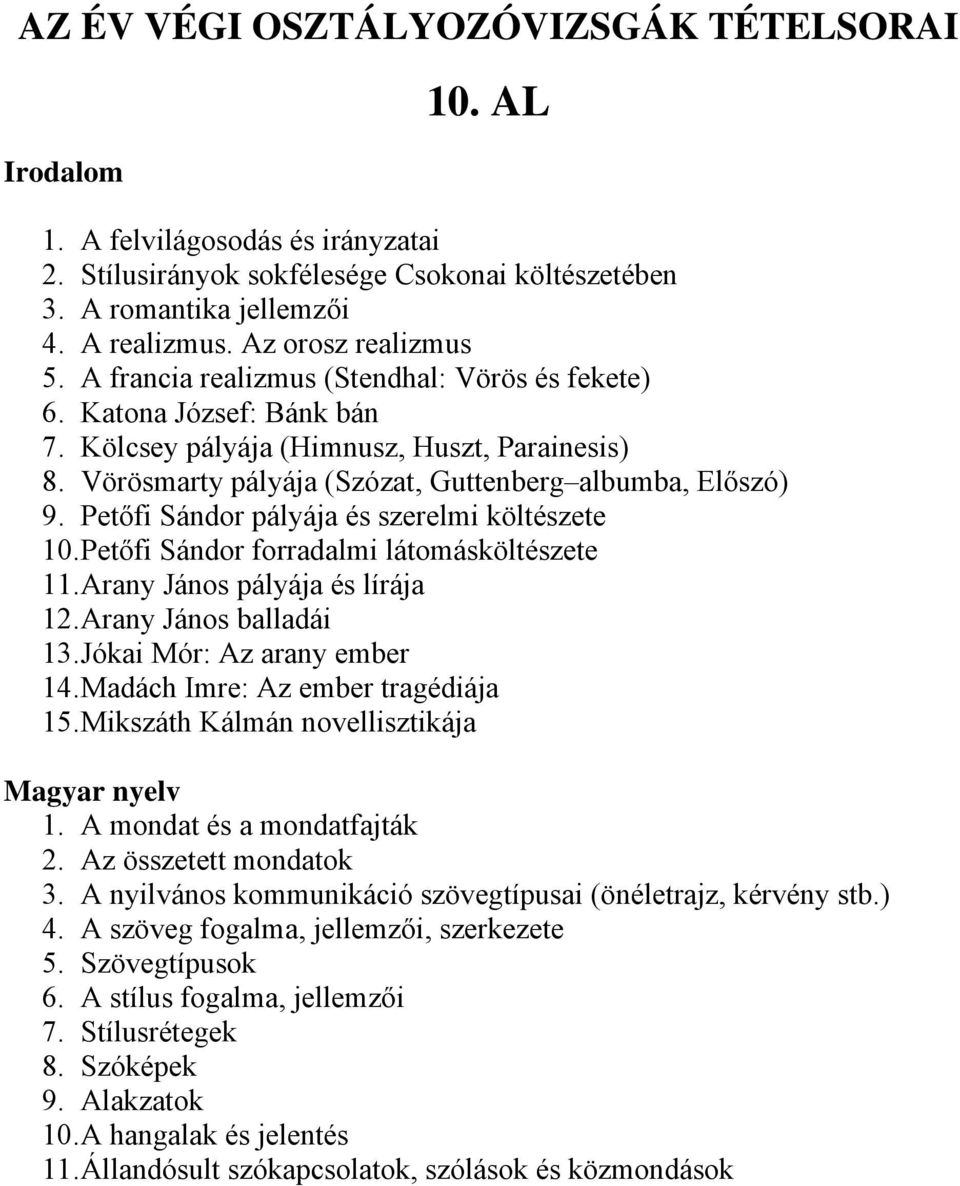 Vörösmarty pályája (Szózat, Guttenberg albumba, Előszó) 9. Petőfi Sándor pályája és szerelmi költészete 10. Petőfi Sándor forradalmi látomásköltészete 11. Arany János pályája és lírája 12.