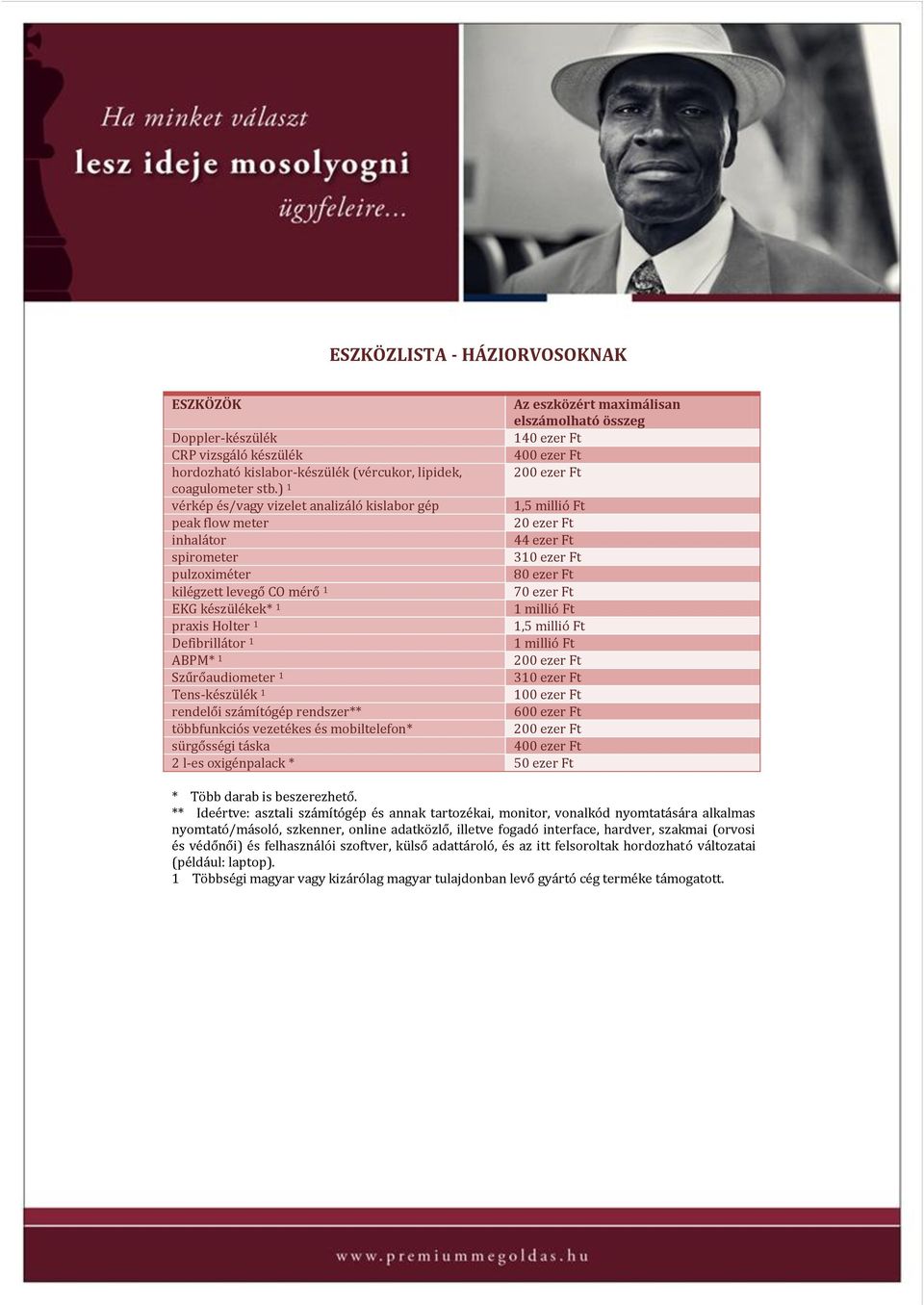 1 praxis Holter 1 Defibrillátor 1 ABPM* 1 Szűrőaudiometer 1 310 ezer Ft Tens-készülék 1 100 ezer Ft rendelői számítógép rendszer** többfunkciós vezetékes és mobiltelefon* sürgősségi táska 2 l-es