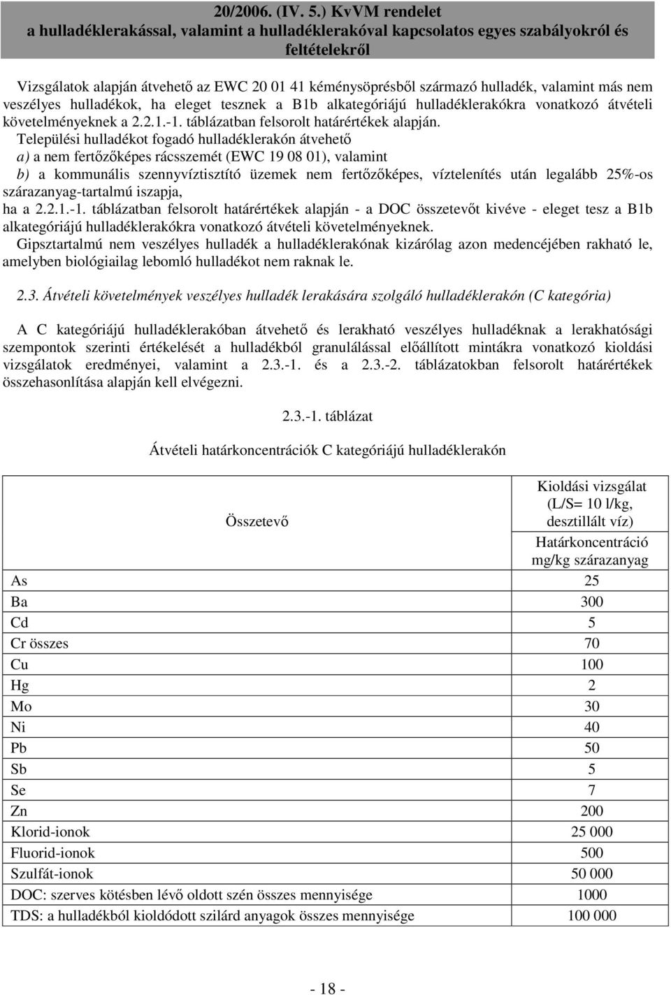 Települési hulladékot fogadó hulladéklerakón átvehető a) a nem fertőzőképes rácsszemét (EWC 19 08 01), valamint b) a kommunális szennyvíztisztító üzemek nem fertőzőképes, víztelenítés után legalább