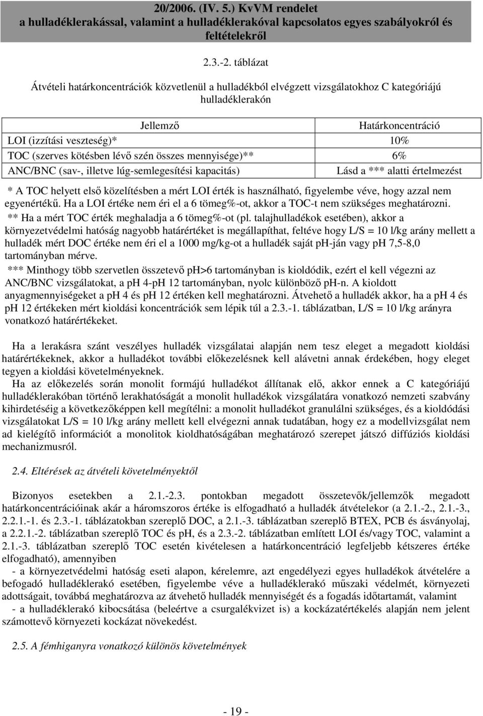 lévő szén összes mennyisége)** 6% ANC/BNC (sav-, illetve lúg-semlegesítési kapacitás) Lásd a *** alatti értelmezést * A TOC helyett első közelítésben a mért LOI érték is használható, figyelembe véve,