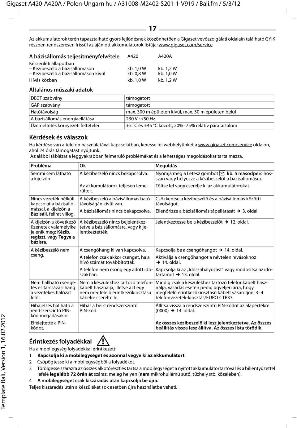 1,0 W Hívás közben kb. 1,0 W kb. 1,2 W Általános műszaki adatok DECT szabvány GAP szabvány Hatótávolság A bázisállomás energiaellátása Üzemeltetés környezeti feltételei támogatott támogatott max.