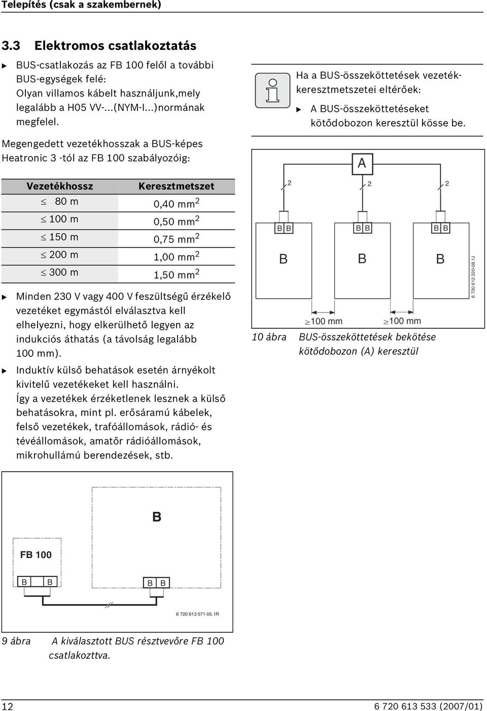 Megengedett vezetékhosszak a US-képes Heatronic 3 -tól az F 100 szabályozóig: A Vezetékhossz Keresztmetszet 2 2 2 80 m 0,40 mm 2 100 m 0,50 mm 2 150 m 0,75 mm 2 200 m 1,00 mm 2 300 m 1,50 mm 2 Minden