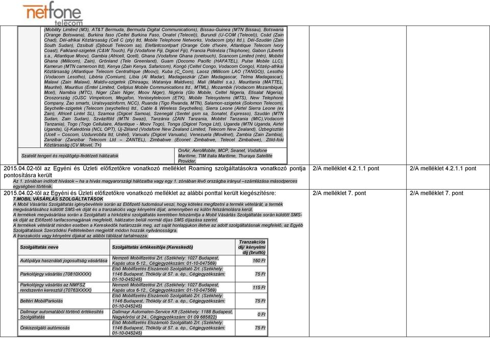 ), Dél-Szudán (Zain South Sudan), Dzsibuti (Djibouti Telecom sa), Elefántcsontpart (Orange Cote d'ivoire, Atlantique Telecom Ivory Coast), Falkland-szigetek (C&W Touch), Fiji (Vodafone Fiji, Digicel