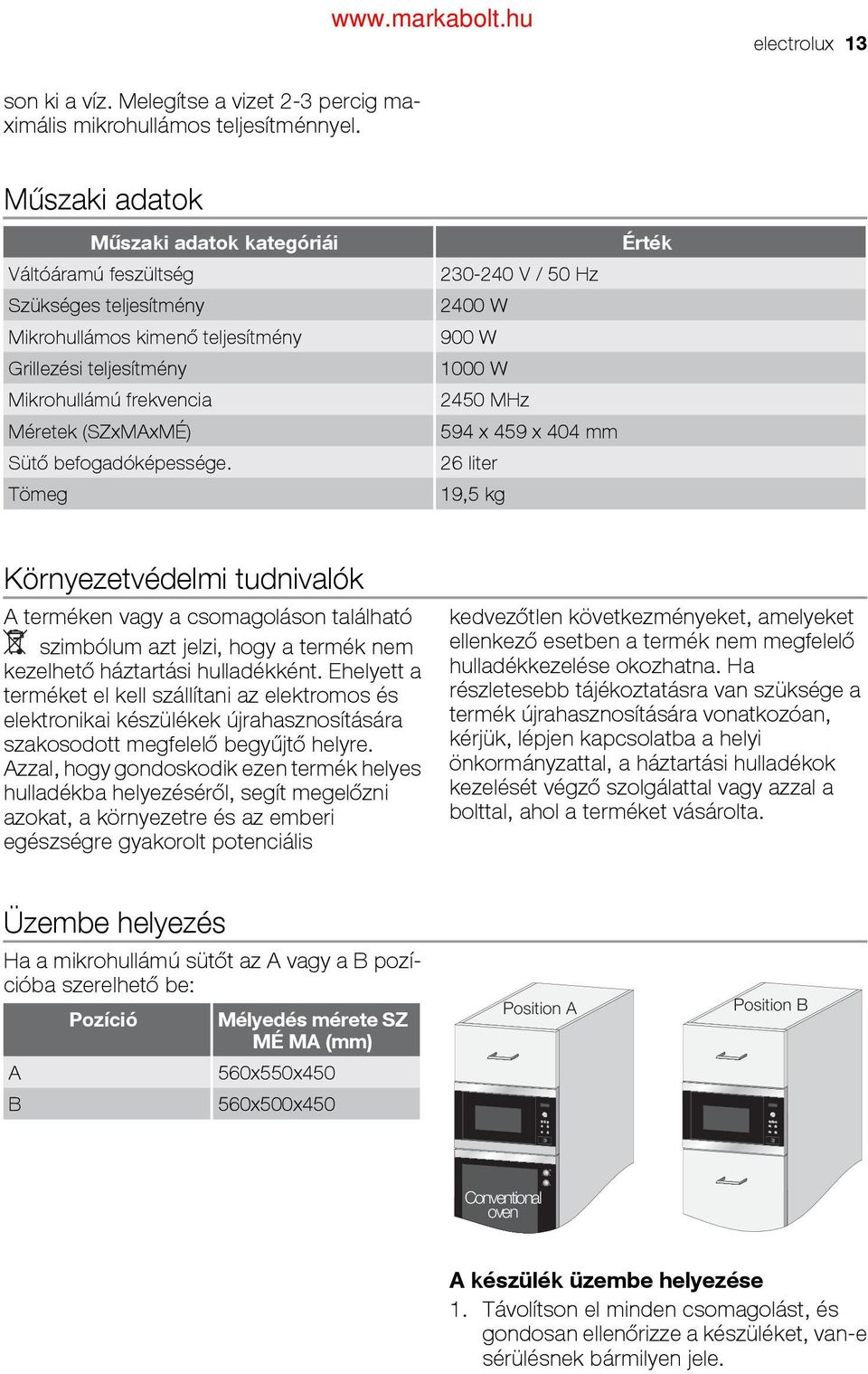 Mikrohullámú frekvencia 2450 MHz Méretek (SZxMAxMÉ) 594 x 459 x 404 mm Sütő befogadóképessége.