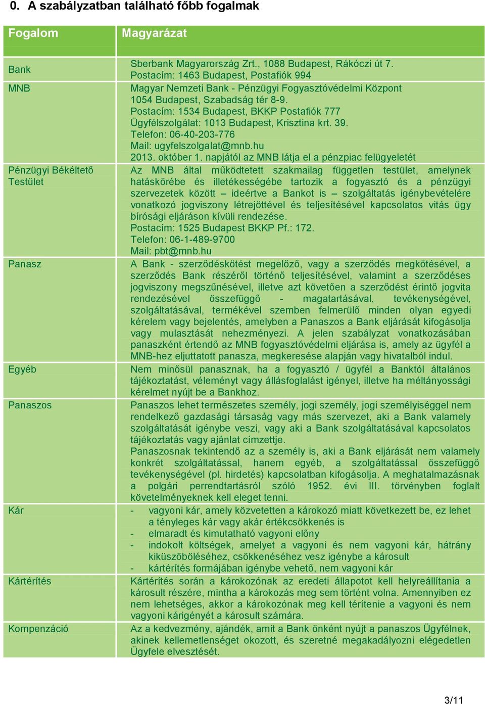 Postacím: 1534 Budapest, BKKP Postafiók 777 Ügyfélszolgálat: 1013 Budapest, Krisztina krt. 39. Telefon: 06-40-203-776 Mail: ugyfelszolgalat@mnb.hu 2013. október 1.