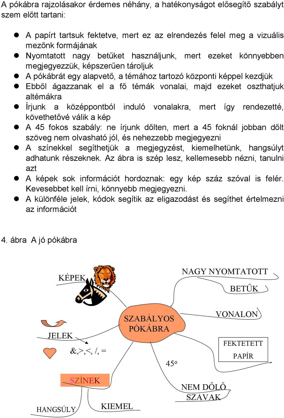 oszthatjuk altémákra Írjunk a középpontból induló vonalakra, mert így rendezetté, követhetővé válik a kép A 45 fokos szabály: ne írjunk dőlten, mert a 45 foknál jobban dőlt szöveg nem olvasható jól,